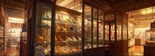 There are many glass cases?There are various items inside, Pet shop diffuse lighting, Pet shop background,, Showcases full of pets, Pets on display, In the background is a low-light pet shop, Cabinet of Curiosities, Pet Shop Archives, Pet shop lighting, Pet Expo, Museum, In the room of the pet store, Pet shop display,