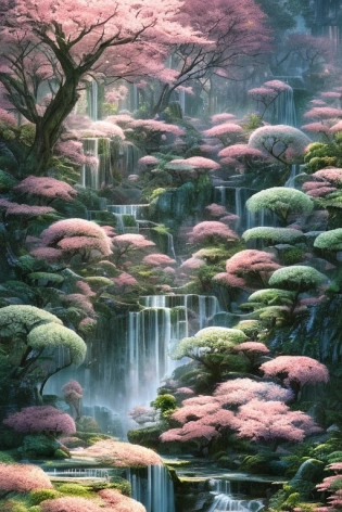 long range view, Beautiful Japanese flower garden, waterfalls, pink and white, by Akihito Yoshida, Ismail Inceoglu, Karol Bak, Airbrush, Dramatic, Panorama, Cool Color Palette, Megapixel, Lumen Reflections, insanely detailed and intricate, hypermaximalist, elegant, ornate, hyper realistic, super detailed, unreal engine