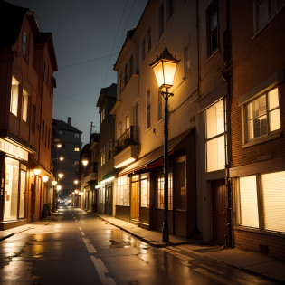 There was no one on the midnight road, Warm yellow tones, There is a crossroads, But I can only see the corner of the intersection, At the edge of this intersection stands a street lamp, The location of the street lamp is in the right half of the picture, Street lights are the main body, The height of the street lamp is a little more than half of the whole picture?There is a very strong light and shadow from the bulb to the ground, Behind the intersection, There are some old style residential buildings, The windows in the building were lit messily, The background behind it is dark --auto