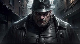 portrait of a big man, wet, raining, black cloak wearing, black classic hat wearing, very seriously rude face, (wrinkled rough face:1.2), big pumped-up man, pronounced masculinity feature, (night lights:1.3), in a dark alley 4k, 8k, detailed skin, fantastic art, trending on resident evil art station, (resident evil concept art:1.3), resident evil lights