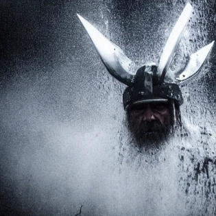 up of Viking King emerging from wet black mud :: Dark metal helmet with two large black horns on the sides of the helmet :: dark warpaint :: scruffy black beard :: angry expression :: scar on face :: Viking Axe :: cinematic lighting, volumetric rays, moody, wet, dripping mud