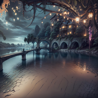 Computer, Extensive ultra photography (general view, bridge 1: 5, Scale, realistic fantasy, ultradetail, volumetric, detailed clarity, general view, detailed gloomy landscape under the bridge, computer accuracy, 1: 2, 8kk. In the foreground is a large stone bridge, a bridge arch, gray, swamp colors (ultradetailed), under the bridge there is a bank, a bridge arch, steps, cobwebs under the pavement, a large wooden barrel (1: 2), made of wood (ultradetailed), stones, a river,  Dark, Dark Colors, Horror, Magic(Best Quality), 4K, Ultra Detailed, (Dynamic Composition: 1.4), High Detailed, Colorful Details, (Dark Colors: 1.2), (Luminous Lighting, Atmospheric Lighting), Cool, Gloomy, Magical --auto --s2