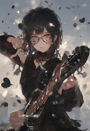 Manhwa Style?Rock puppy?Trendy clothing?wears dark glasses?plays the guitar?Madness?Fluttering musical symbols?ball room?lamplight?Spotlights?8K?super-fine?full bodyesbian?best qualtiy???