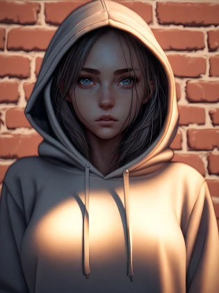 RAW photo, beautiful girl in a hoodie by a brick wall , photo, naked shirt, hyperdetailed photography, soft light, trending on ArtStation Pixiv, high detail, sharp focus, aesthetic, 8k uhd, DSLR, intricate details, soft lighting, high quality
