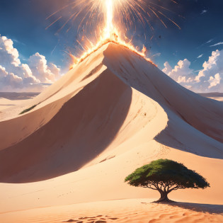 bottom-up view of a vast white sand desert with no end in sight, uma grande torre negra ao fundo, um grande buraco vermelho acima da torre, sand falling from various parts of the sky, Olhe de baixo para cima, Antecedentes altamente detalhados?Realistic?ultra-detalhada?pele super detalhada?Brilho da Luz?filmic grain?Expro II?Reflexo da lente?sharpen?Cinematic shadow