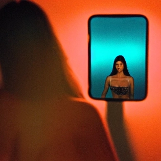 hyperrealistic photo, beautiful girl model in beachwear, photo on iphone 14 in mirror, long dark hair, cozy bright room :: film grain, Kodak portra 800, f1. 8, golden hour --ar 2:3