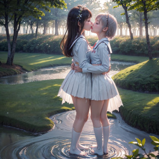 ((NSFW STILL SHOW?David Hamilton:1.37))?(Tiny Oppai-Loli Twins:1.37)?{(from side)|(from back)|(from below:1.2)}?{((Kissing face to face))|(Standing Full Body:1.2)|Wide Shot}?{(Ass focus)}?{(Floating hair:1.2)|(Strong wind)|(Ass focus)}?zydG?8K best quality?((Masterpiece:1.2?Photorealsitic:1.37))?((Detailed KAWAII Face?Detailed Oily Porcelain skin textures?Extremely Detailed))?(brilliant Shining Perfect eyes)?Smooth shading?{bokeH|clear focused}?Soft Lighting with many Follow lights?{Childish|Gigantic Cleavage:1.37}?(Torn Sexy schoolgirl uniform:1.37)?{Flowers|Flower wreath|Princess Tiara|Dark Red Leather High Collar|ssmile|perplexed|seductiv|Different types of hair colors}?{(Light Particles:1.2)|(Lens Flare)|(Luminescent Particles:0.6)}?{Forest Lakeside|Lakeside Cottage|Before dawn|morning glow|foggy}?(Exposed:1.57)?