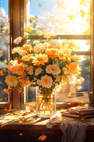 there is a vase of flowers sitting on a window sill, golden morning light, soft autumn sunlight, sunny amber morning light, golden hour sunlight, bathed in golden light, golden sunlight, summer morning light, afternoon sunlight, radiant morning light, golden flowers, warm beautiful scene, highly detailed scene, realistic scene, soft sunlight dappling, afternoon light, dramatic warm morning light