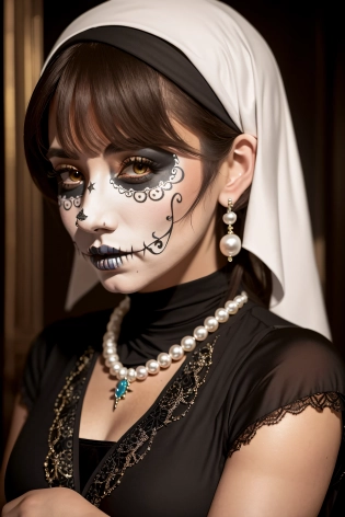 Portrait of a Seductive (Girl with a Pearl Earing:1. 1), Head Scarf, (by Johannes Vermeer), DotD, D�a de los Muertos, (Sugar Skull make-up:1. 1), Gothic
