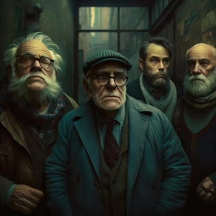 a group portrait of 5 dysfunctional:: old grumpy men:: , all wearing gloves, hyperrealistic, cinematic, volumetric lighting, matte painting, intricate, ornate, by Guillermo del Toro --chaos 0 --q 0. 5 --v 4 -