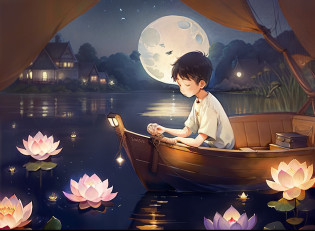 There was a boy sitting on a boat in the water, dreamlike illustration, sitting on a lotus flower, illustratio, illustrated in whimsical style, Fine quality illustrations, very peaceful mood, By Ni Duan, float under moon light at night, illustratio, floating among stars, calm evening. Digital illustration, cute illustration, cozy night fireflies, relaxing mood