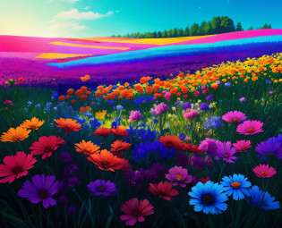 colorful flowers in a field with a bright sky in the background, Campo de flores de fantasia, magical colorful flowers, Gotejamento HD colorido, campo de fundo das flores, Campo de flores, campos de flores, Campo de flores, Arte bonita UHD 4K, pintura de campo de cores. mulher pelada 8k, extraordinary colorful landscape, papel de parede bonito do iphone, colorido bonito, extremamente colorido, grandes imagens coloridas