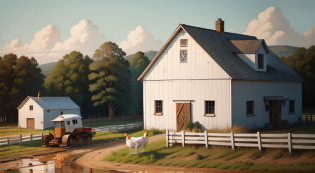 a simple graphic painting of a small white farmhouse with board-and-baton siding located along a muddy dirt road in a poor rural mid-west farming community with telephone poles lining the road a plow in the background and an old red tractor in the shadow of a red barn with brown cows in a nearby field and chickens in the yard