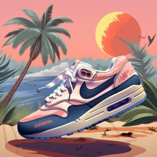pair of sneakers with palm trees in the background, concept art, inspired by Dmitry Levitzky, grimes - book 1 album cover, art deco outrun anime aesthestic, juxtapoz magazine, nike air max --q 2 --v 5