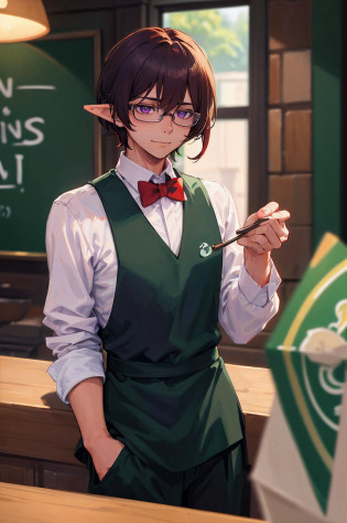 bespectacled handsome male face, A cute and shy expression, (detailed eyes), perfect eyes, perfect pupils, elf smiling, Man, shy waiter, ((mahogany hair)) and expressive ((violet eyes))