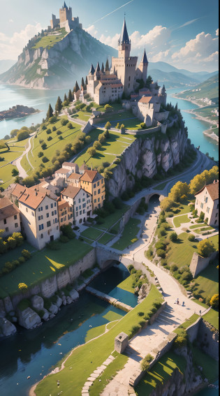 Alafed village on a hill with castle in the background, Village castle, imposing, a small medieval village, Italy, vila, medieval town, medieval village, Fantasy Italy, Quaint village, italian masterpiece,  Medieval coastal village, medieval town landscape?cobblestone road?view from the street
