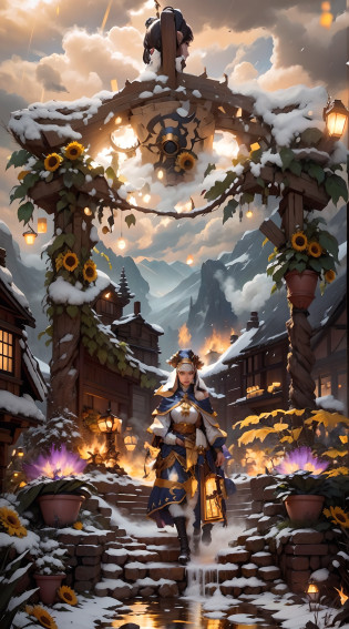 In a very grand scene?The extra-large wide-angle lens captures the appearance of a female centaur?She is a Sunflower Worship nun?She is tall?It has the ultimate curvy beauty?The muscles are slender and firm?Beautiful lines?She has?Super huge sky blue eyes?99.99??Always with sexy glasses??She wears solemn nun attire?9.9??Stepping on a boot-style skyscraper-heel?A pink cross hangs from his chest??In front of her is the world's only knitted sunflower potted plant with a super healing smile?99.99??This is the icon of God woven from high-grade yarn?Use Midjourney's advanced tools?Design noble and solemn nun costumes for female centaurs?and highlight her unique physiological characteristics and appearance details?Add realism?And in the context of her prayers and listening to confessions?Spectacular views of nature?Such as the sky where storms and sunny days alternate?Brilliant rivers of stars and auroras?The snow-capped summit of Mount Everest?Fireworks in the mountain town, etc?ao mesmo tempo?Away from the hustle and bustle next to the chapel?Create a fantastic scene?Use Midjourney's advanced tools and multiple color palettes?Brush Strokes?Texture tools and model packages?It shows a sense of atmosphere where beauty and charm coexist?The charm of the female centaur is highlighted through color and lines?Enhance realism with detailing?Create a surreal dreamy feeling?Additionally?Use Midjourney's tools to add various exorcism props and books to the female centaur?pergaminhos?Create intricate hairstyles and outfits?Give her a sense of premium?She never flinches?No matter what monster you encounter?can respond quickly?Even the most extreme armies of natural disasters and monsters could not stop her and her front?The only sunflower in the picture with the Tyndall effect exuding sunlight?999.9??Use Midjourney's powerful tools?You can do it with incredible detail and beauty?Bring this ultra-grand and beautiful scene to life?Ultra-grand scenes?super wide shot? hdr??????Masterpiec