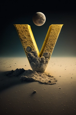 letter V standing on the moon, space on background, yellow letter, ultra realistic, 3d render, cinematic lighting, high detail --ar 2:3
