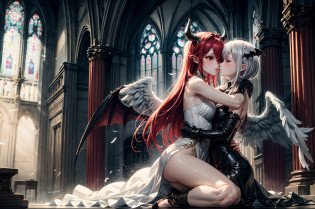medium wide angle,  image of a beautiful angel and a sexy demon girl, embracing each other inside a church, the angel has white feathers wings and white hair, the demon girl has dark bat wings and red hair, they are happily hugging each other, the image is split into two side, one side is full of golden angelic auras, the other side is filled with dark nether gleam, showcasing a story of forbidden love