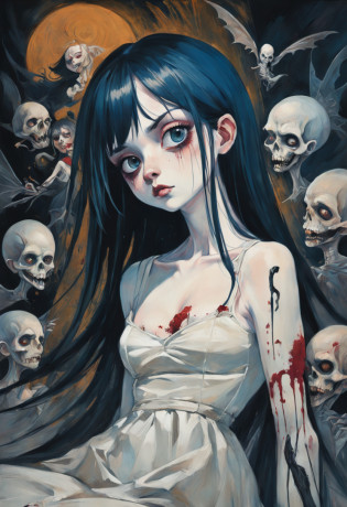 Fille qui peint une toile. In the style of Adrian Ghenie, Esao Andrews, Jenny Saville, Edward Hopper, surrealism, Dark Art par James Jean, Takato Yamamoto, Minimalisme inkpunk. Dans le style Tim Burton. Dans le style Addams Family. Gothic. Corpse bride. Dans le style de Shadbase. Dans le style de Shadman.