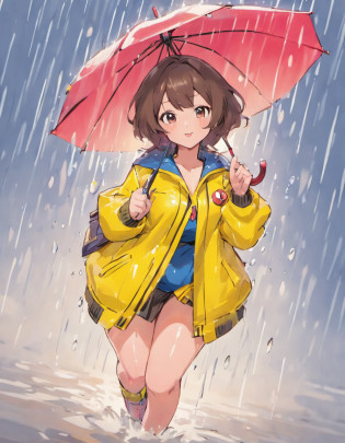 can you draw a milf in a pvc yellow rain coat and red umbrella drawn by sowsow, the milf has large breasts and is about 50 years of age, mature woman, tall veru large breasts, short blue mini skirt, brown hair,