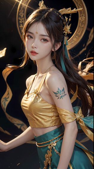 (RAW, Best Quality), Realistic, (Photorealistic Real: 1.3), Best Quality, High Detail, Masterpiece, Extremely detailed, Illustration, 1 25 year old goddess, upper body , Dynamic Angle, mess_long_hair, Best Quality, 8k Wallpaper, extremely detailed dunhuang uniform, Ink, Amazing, Cinematic Lighting, lens_flare, dunhuang_style dress, Sexy, Crop Top, Delicate Collarbone, Patterned Stockings, Gold Pattern all over her body, an ancient goddess, a hanfu-style silk ao dai, a silk dune costume, (dunhuang phi-tian style: 1.8) (fiction dunhuang landscape: 1.8), face beautiful and detailed makeup, thin black eyebrows, detailed eye makeup, big round yellow eyes, high nose, hair in a bun, jewelry on the head and neck, big and regular breasts, round hand on the wrist, jewelry on the goddess dune's shirt, small tattoo in the middle of the goddess dune,
