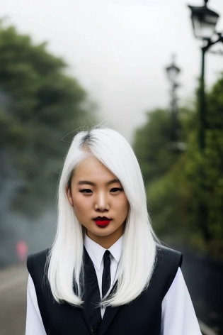 white hair, beautiful young asian girl, beautiful eyes, olive skin, medium length white hair, petite body, small breasts, toned body, wearing school girl uniform, showing midriff, perfect face, neon light smoke background, volumetric fog, Hyperrealism, cinematic lighting, highly detailed, breathtaking, 8k uhd