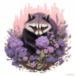 painting of a raccoon in a flower bed with purple flowers, by Ryan Yee, racoon, jen bartel, anthropomorphic racoon, full color illustration, raccoon, extremely detailed raccoon, rocket raccoon, by Justin Gerard, by Marten Post, jean-sebastien rossbach, cute detailed artwork, by Adam Marczy?ski, jinyoung shin art