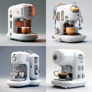 a future design of robot coffee machine, style dieter rams, in style of artstation, digital art, hyperdetailed, hyper realistic, unreal engine, white background png 4K, --ar 1:1