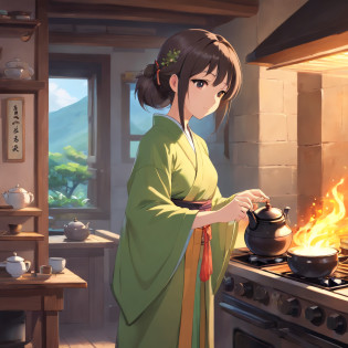 Anime girl in hanfu standing next to a teapot, Boiling the teapot over charcoal on the stove, Side Body?Stove?charcoal fire?teapot?Please wear black cloth shoes?Authors?by Qu Leilei, Authors?Chen Da-fu, Authors?Xia Gui, Authors?Elephant Yigi, by Yang J, Authors?Qiu Ying, Authors?Chen Jiasui, Authors?Shaggy, Authors?Hsia Yong, Authors?Yao Tingmei, Drinking tea, by Li Song