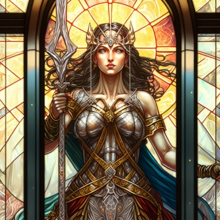 stain glass window of goddess warrior, light shiny through, intricate, elegant, highly detailed, digital painting, sharp focus, realistic, hyperrealistic, cinematic, illustration