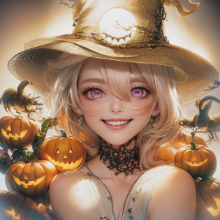 Halloween Hat?close-up of the smile face?close-up of the smile face?Halloween Designer?Halloween Supermodel?makeup?Glossy lips?Shining eyes?(realisitic?hight resolution)?(1 girl in)?Do-Up Eye?Korean Girl?(Best Quality), (masutepiece), (1girl in), Solo, a beauty girl, Perfect face, Highly detailed airbrush art((Surreal))?Volumetric lighting?(top-quality)?The ultra-detailliert?Highly detailed colorful details?(Bright lighting)?dynamic compositions?ultra-detailliert?nffsw?Her eyes are glowing pink?Background Halloween?pumpkins?