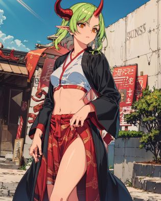 nsfw,masterpiece,bestquality,(1girl,orangeeyes,standingopenstance,intricate,withdetailedintricateonihornsandalternatehaircolorabsurdlylonghairquintails,eyeliner,wind,serious,shinyhair,perfectface),hakama,mediumbreasts,midriff,(highlydetailed),shrine,scroll,spotcolor,detailedpupils,lips,intricatedaylightbookstorebackground,outdoors,sunrays,(dramaticlighting),xenomorph