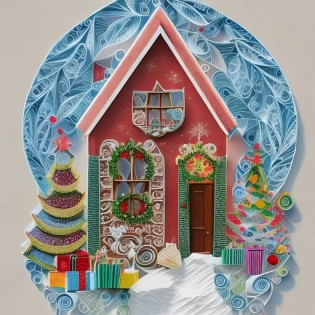 paper quilling, paper cut art, paper illustration, christmas house, one color, very detailed, 8k