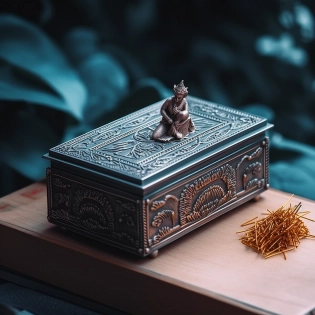 high resolution photography design, A box of matches lies on the table, radiating an atmosphere of mysticism. Carefully crafted matches are not just tools of fire, but independent works of art. Each slender wand is adorned with exquisite carvings, intricate patterns engraved into their surface. The carvings depict a tale of ancient lore, a visual narrative that whispers the secrets of a bygone era. The box itself, the fiery treasure chest, is a marvel to behold. Its exterior is adorned with gold ornamentation that shimmers and reflects the surrounding light. Artfully sculpted into ornate motifs, gold weaves a tapestry of wealth and grandeur. Intricate engravings dance across the surface depicting mythical creatures, celestial constellations and mysterious symbols that seem to hold the key to hidden worlds, cinematic lighting :: 50mm portrait photography :: 8k --s 500 --c 100 --q 5 --v 5. 1 --no person --no human