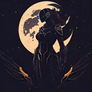 female cyborg black silhouette| highly detailed vector art| female moon knight| beautiful android woman| sci - fi movie poster| person in a space suit| cyberpunk art