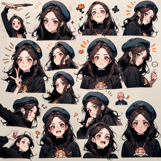 Cute girl avatar?emoji pack??beret??(9 emojis?emoji sheet?Align arrangement)?9 poses and expressions?Grieving?astonishment?having fun?excitement?big laughter?Angry?doubt?Touch your head?Sell moe, wait??Anthropomorphic style?Disney style?Black strokes?Different emotions?9 poses and expressions?8K