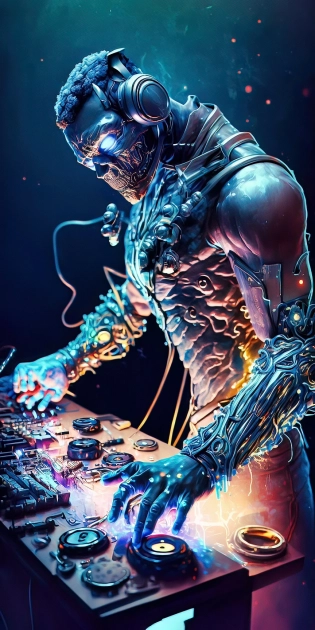 conceptual 3D render bioluminescence man with artificial intelligence playing at the DJ console super highly detailed, professional digital painting, artstation, concept art, smooth, sharp focus, extreme illustration, Unreal Engine 5, Photorealism, HD quality, 8k resolution, cinema 4d, 3D, beautiful, cinematic, art by artgerm and greg rutkowski and alphonse mucha
