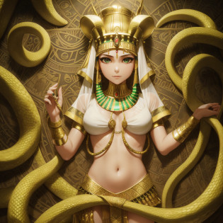 cephalopod, (cephalopod), Cleopatra, white tentacles with green and red ribbons tied to them, Egyptian jewelry, gold snake pharaoh tiara, white Egyptian clothing, slithering cobras all around her, masterpiece, Best Quality