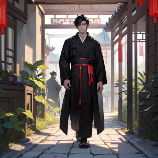 1, (1 person) (mtu, (((Black coat))), ((Black Hanfu youth)), (((Black hair))), Gorgeous, Handsome, Outstanding temperament,  (Background: Inside an ancient Chinese manor).