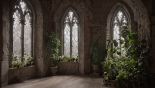 a view of a window with a plant in a vase in front of it, photo of a beautiful window, beautiful atmospheric details, stunning arcane backdrop, gothic interior, floral setting, open window backdrop ib, gothic church backdrop, spectacular window backlit, gothic atmosphere, atmospheric fantasy setting, window, beautiful matte painting, gothic mansion room, large window, gothic background