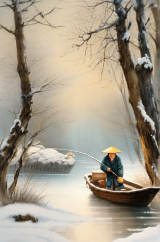 ?ink and watercolor painting???Chinese landscape painting?Heavy snow in winter???An old man fishing on a boat, Dong Qichang super fine detail painting, Instagram,  Chinese painting style, ink and watercolor painting  , Traditional Chinese art, qi sheng luo, Traditional Chinese painting, Traditional Chinese Ink Painting, Chinese style painting, Chinese ink painting, Chinese painting, bo xun ling???1 old man in a straw hat fishing in the river?1.4?Lonely boats?Fishing alone in the cold river snow???White background?rich colours???Defocus?Out of focus?softlighting??????Skylight?hyper HD?