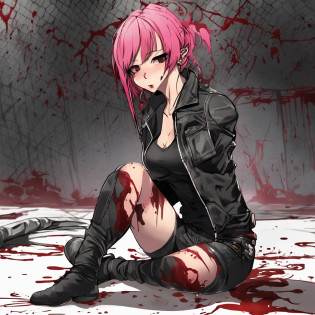 Girl with pink hair holding her stomach with her hands, Girl hugging her belly, Girl in black latex T-shirt and leather shorts and stockings, An evil expression on his face, bent in half, blood from the mouth, Blood from under the hands, bent in half, Death scene, She was hit in the stomach, Hunched, She keeps her hands on her stomach, slides down the wall, Dangerous red-haired killer girl, Girl in black tight clothes, Short shorts, Tight jacket, belts, band-aid on the nose, ??, Beautiful Detail Face, hiquality,European Girl, Kneeling, missed a blow to the stomach, this, Surprised, blood from the mouth, The girl holds her hands on her stomach, The girl's arms wrap around her waist, blood on his hands, blood on the abdomen, A wound to life