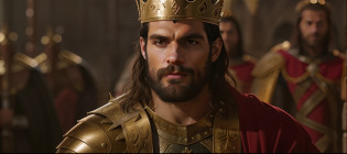 A man in a red crown and cloak stands before a crowd, Henry Cavill como um guerreiro, king richard the lionheart, Henry Cavill como um deus grego, Velho Rei Medieval, grande rei de stovokor, Henry Cavill como Arthas Menethil, Rei Artur, henry cavill is a greek god, homem com coroa, usando coroa de reis