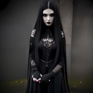 a woman with long black hair wearing a black outfit, full body, goth girl aesthetic, gothic aesthetic, darkwave goth aesthetic, gothic horror vibes, goth aesthetic, ominous gothic aesthetic, goth girl, 1 7 - year - old goth girl, goth vibe, pale goth beauty, cruel korean goth girl, goth woman, neo goth, gothic girl, dark and gothic