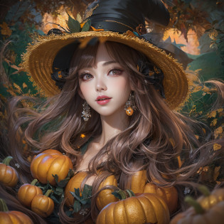 Halloween Hat?close-up of the smile face?close-up of the smile face?Halloween Designer?Halloween Supermodel?makeup?Glossy lips?Shining eyes?(realisitic?hight resolution)?(1 girl in)?Do-Up Eye?Korean Girl?(Best Quality), (masutepiece), (1girl in), Solo, a beauty girl, Perfect face, Highly detailed airbrush art((Surreal))?Volumetric lighting?(top-quality)?The ultra-detailliert?Highly detailed colorful details?(Bright lighting)?dynamic compositions?ultra-detailliert?nffsw?Her eyes are glowing pink?Background Halloween?pumpkins?