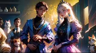 16 characters in one image realistic, the best quality, the first character is a tall blonde in knightly armor, the second girl in one hand with a cupcake, in the second with flowers in a dress and with long hair, the third girl with a bright appearance and balls, the fourth guy with glasses and a laptop, the fifth guy in dark clothes thin and glasses, the sixth guy with car keys and a crown on his head,  the seventh girl with a sly squint and hands on her sides, the eighth guy with a chain in the form of a dollar, the ninth girl with blonde hair, a feather in her hands and a book, the tenth guy with aggressively funny facial expressions and dark clothes, the eleventh girl in bright ridiculous clothes, the twelfth guy with a suitcase in his hand and classic clothes and glasses, the thirteenth girl laughs,  The fourteenth guy with an athletic physique sits on a chair, the fifteenth guy talks on the phone and holds the hand of the sixteenth girl who stands modestly with a kitten in her hands. All in one picture --auto --s2