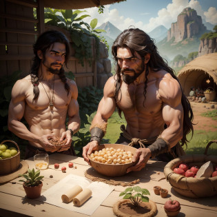 Draw a thrilling scene of cavemen watching an irrigation system being used to cultivate fertile land, showing their curiosity and understanding of the importance of water in agriculture,Create an artistic representation of cavemen exchanging wonderful looks when seeing crops in different stages of growth, highlighting his perception of the natural order of agriculture,Illustrate the curiosity of cavemen as they study and interact with seeds and farming tools, revealing his fascination with this new way of getting food,Draw an image that depicts the expression of wonder on the cavemen's faces as they observe the teamwork required to plant and harvest the food, enfatizando o aspecto coletivo da agricultura,Create a scene that highlights the contrast between the nomadic life of cavemen and the stability provided by agriculture, showing your appreciation for this transformative change,Illustrate the interaction of cavemen with domesticated animals, como cabras ou porcos, which were also discovered as part of the agricultural experiment, reflecting their perception of the connections between nature and agriculture,Draw an artistic depiction of cavemen eating the firstfruits of their harvest, showing their satisfaction and joy at the discovery of agriculture as a stable source of food,Create an image that represents the changing lifestyle of cavemen after the discovery of agriculture, com acampamentos mais permanentes perto das terras cultivadas, symbolizing the beginning of human settlement and the development of farming communities.