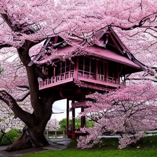 THE CHERRY BLOSSOM TREE HOUSE :: beautiful ornate treehouse in a gigantic pink cherry blossom tree :: on a high blue grey and brown cliff with light snow and pink cherry blossom trees :: Roger Deakins and Moebius and Alphonse Much and Guweiz :: Intricate details, very realistic, cinematic lighting, volumetric lighting, photographic, --ar 9:20 --no blur bokeh defocus dof --s 4000