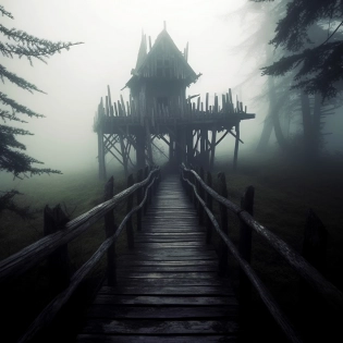 Old wooden bridge with a dilapidated bridge tower on a thick foggy hill, eerie, creepy and scary scene, dark and haunting, ultra-detailed, photography, realistic, 8k --s 750
